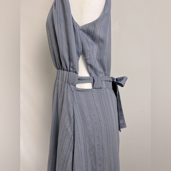 Grade & Gather Slate Blue Pinstripe Halter Neck Side Cutouts Chic Maxi Dress - Picture 5 of 11
